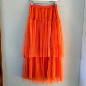 Anthropologie Maxi Skirt Womens Small Orange Tiered Tulle  OB1227019